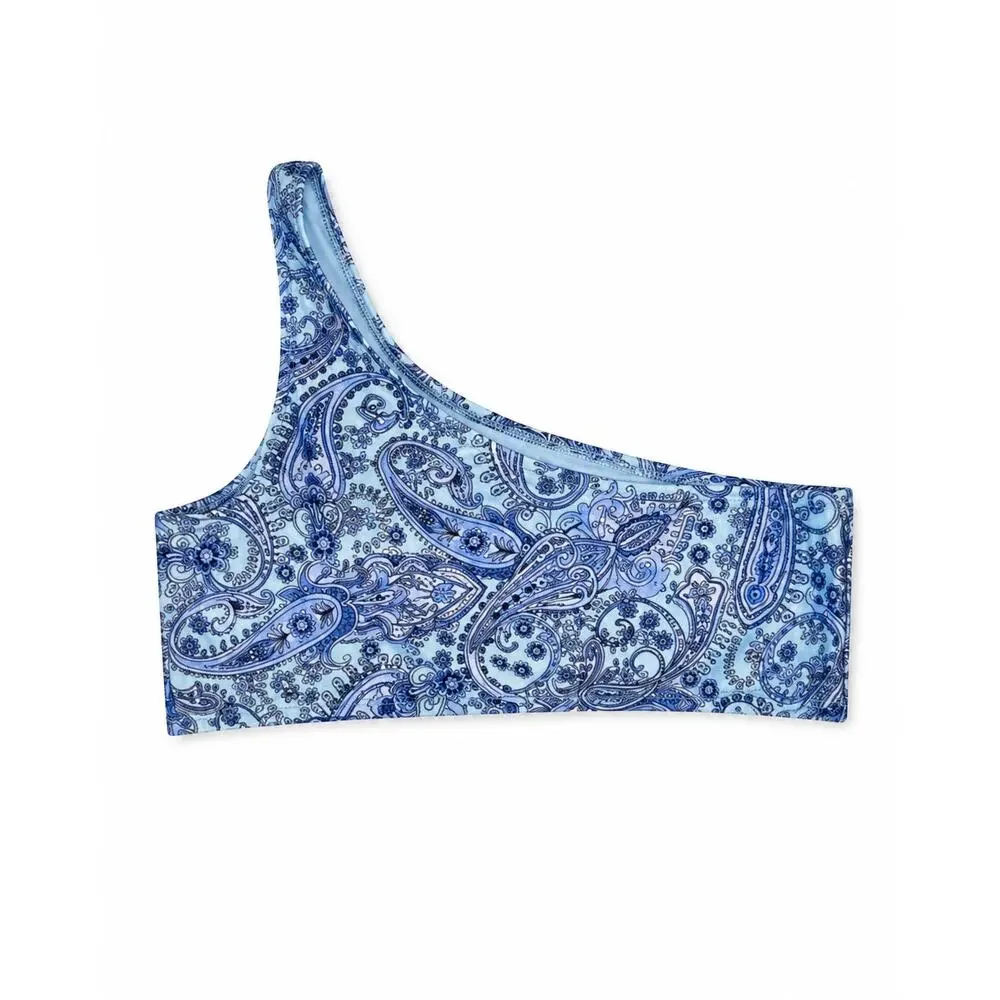 Frankie’s Bikinis Barb Paisley One Shoulder Blue Bikini Swim Top